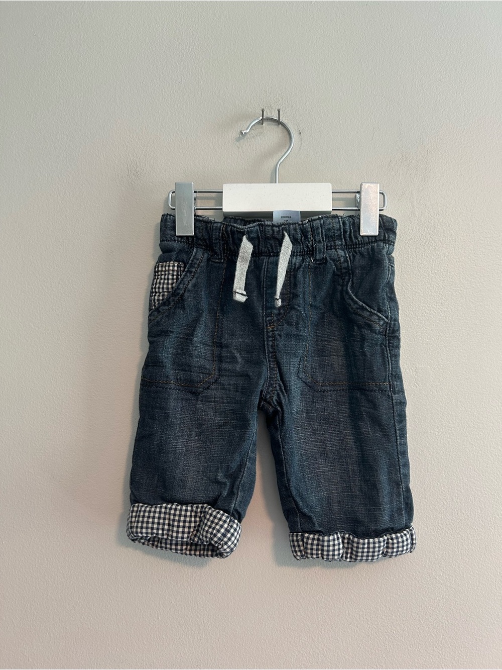 Next 3m Dark wash Denim jeans with blue Gingham Trim